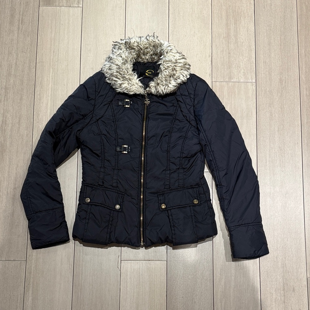 Just Cavalli Black Quilted Puffer Jacket with Cream Faux-Fur Collar